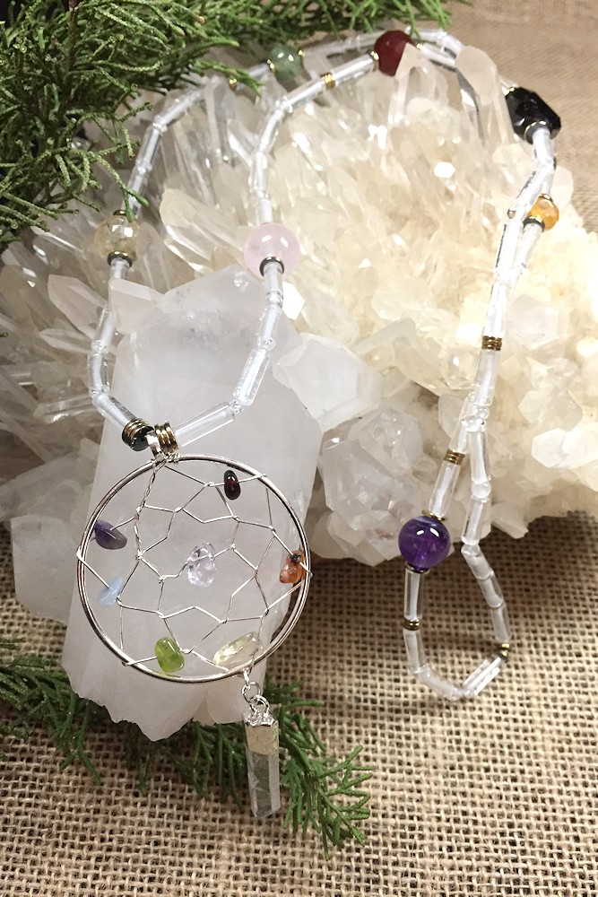 DreamCatcher - cristal de roche, quartz rose, améthyste, citrone, grenat, cornaline