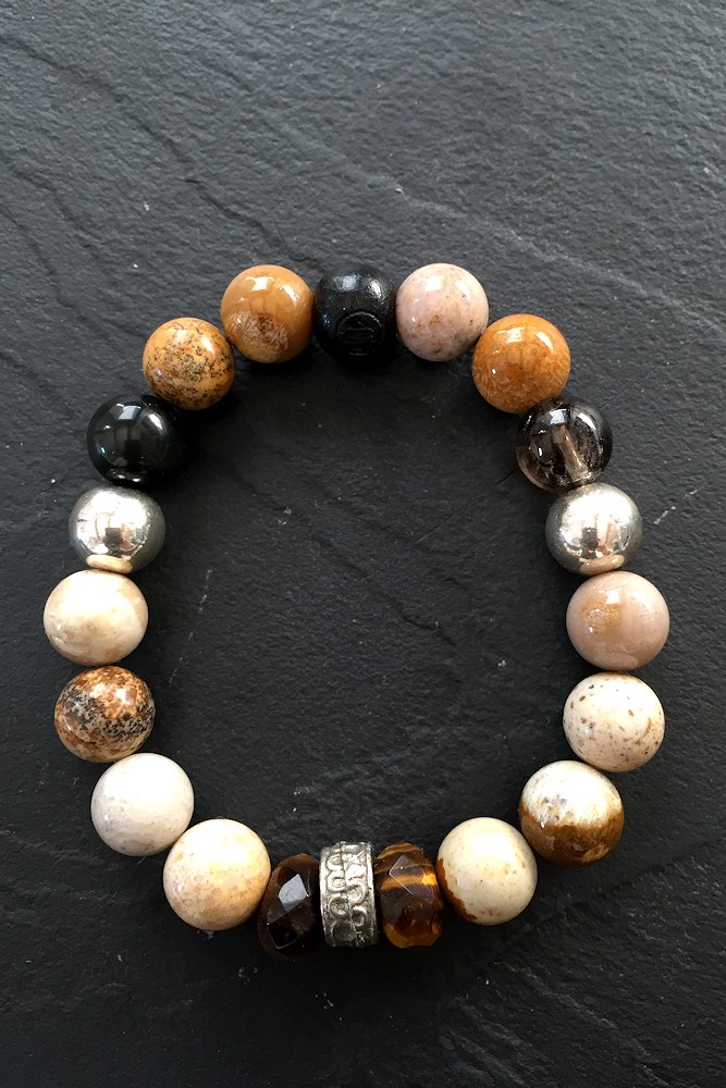 Bracelet Paysage - Jaspe Paysage, œil de tigre, obsidienne œil celeste, argent, bois, quartz fumé